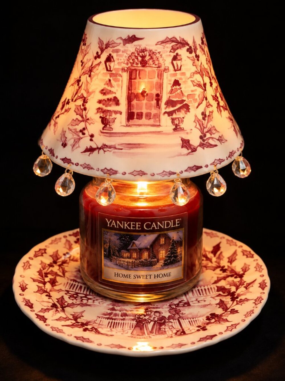 Yankee Candle Christmas Jar Shade & Plate Set Burgundy Holly Crystal Drops